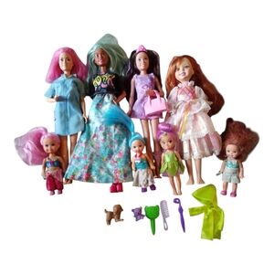 Lot of 8 random Barbie Dolls Pink Blue Blonde Hair Accessories Animal